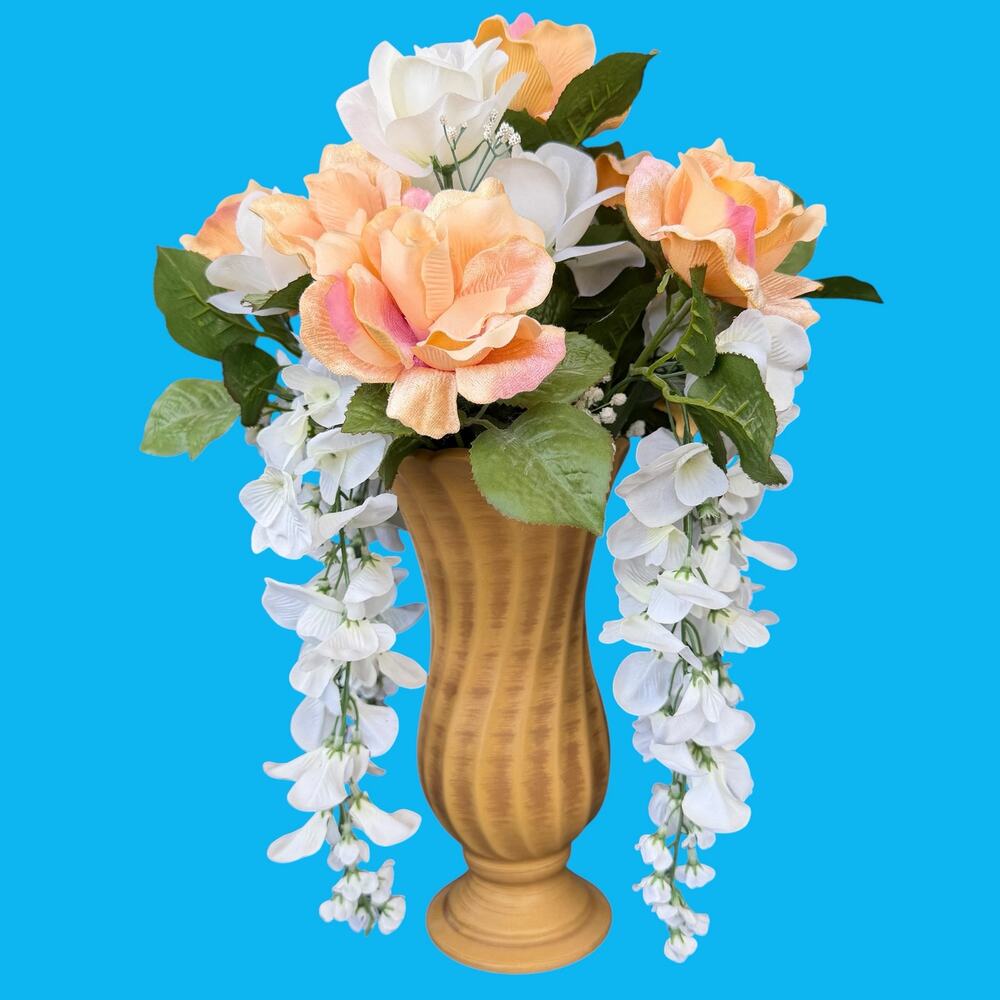 Haeger Swirl Pottery Vase w/ Floral Arrangement Artificial Flowers Vtg Matte